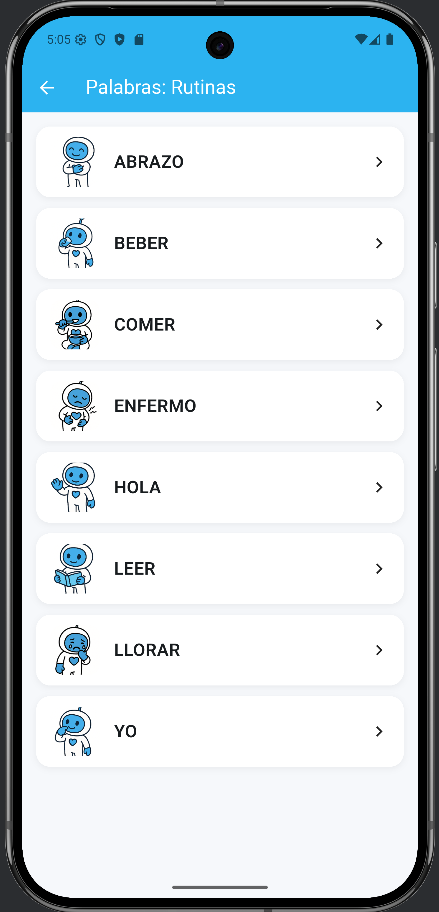 Listado de palabras en BIMO App